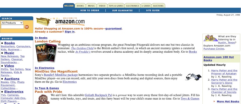 Platforms such as Ebay, Amazon, and Etsy have steadily grew in popularity. This screenshot of Amazon's home page is from August 1999. The site sold mostly books then. Source: Wayback Machine.