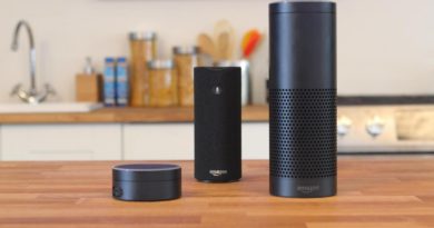 A collection of Amazon devices powered by Alexa. From left to right: Echo Dot, Amazon Tap, and Amazon Echo.