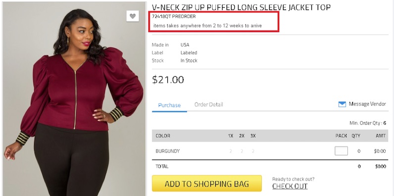 Offering pre-orders is a good way to test product demand without having to purchase the inventory. This example is from an online fashion marketplace.