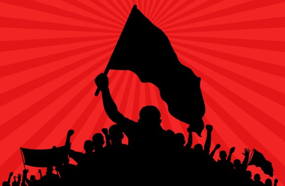Background with silhouette of protesters with flags and banner